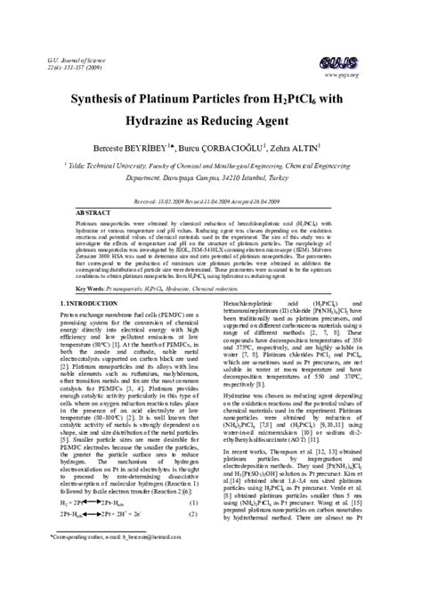 Pdf Synthesis Of Platinum Particles From H2ptcl6 With Hydrazine As