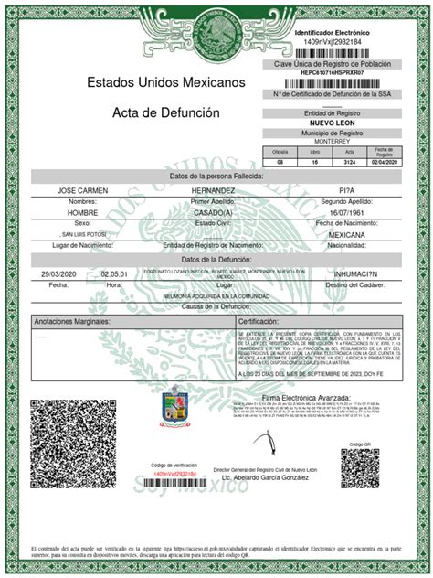 Estados Unidos Mexicanos Acta De Defunción Identificador Electrónico