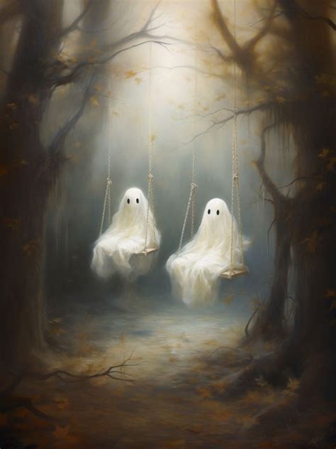 Cute Ghosts On Swing Print Ghost Pictures Fantasy Pictures Ghost Pics