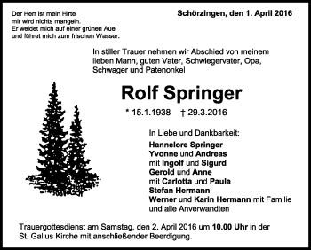 Traueranzeigen Von Rolf Springer Schwarzw Lder Bote Trauer