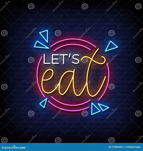 Neon Sign Lets Eat With Brick Wall Background Vector Stock Vector Illustration Of Magazine