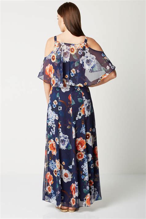 Floral Cold Shoulder Chiffon Maxi Dress In Navy Roman Originals Uk