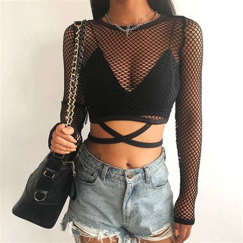 Fishnet Long Sleeve Sexy Crop Top Festival Top Grunge Etsy