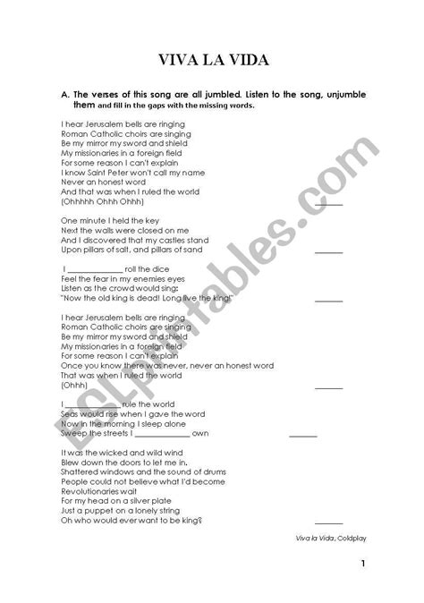 English Worksheets Viva La Vida By Coldplay