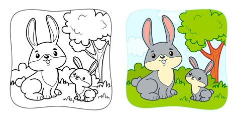 Coloring book or Coloring page for kids. Rabbit vector illustration clipart. Nature background ...