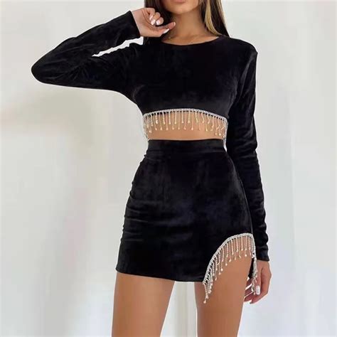 Seasons Black Slim Woman Two Piece Set Long Sleeve Backless Crop Top