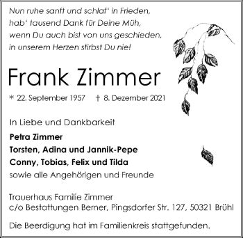 Traueranzeigen Von Frank Zimmer WirTrauern