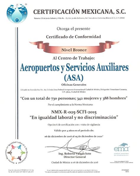 Aeropuertos Y Servicios Auxiliares Recibe Certificaci N Nom Para La