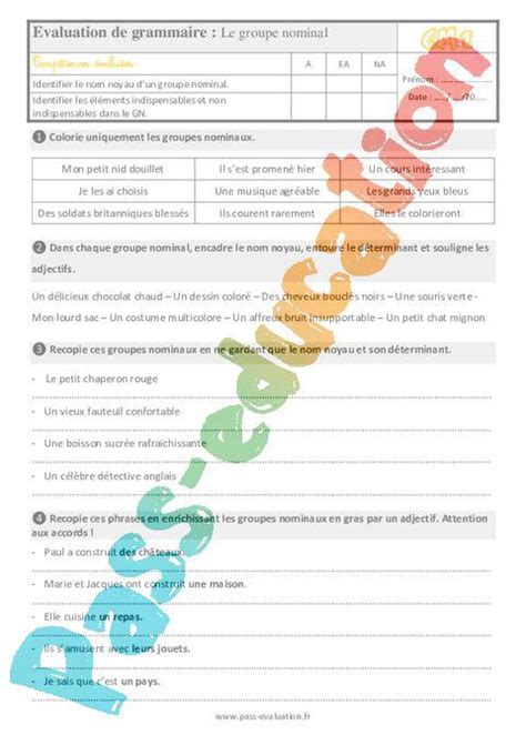 Evaluation Avec Le Corrig Pour Le Cm Le Groupe Nominal Nom