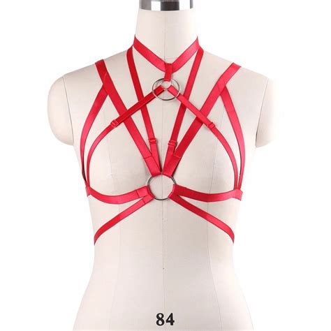 Red Harness Bra Gothic Crop Top Bodysuit Women Fetish Wear Bondage