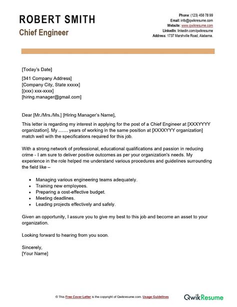 Chief Engineer Cover Letter Examples Qwikresume