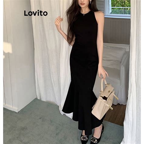 Lovito Women Elegant Plain Ruffle Hem Dress Lne Shopee Philippines