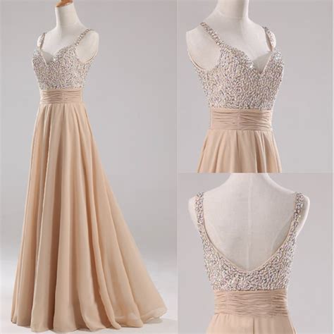 Beaded Long Prom Dress Straps Beige Long Sweetheart Empire Waist V Neck