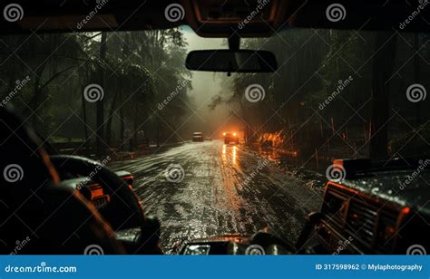 View From Driver Seat In Metro City On A Bad Weather Raining Day Stock