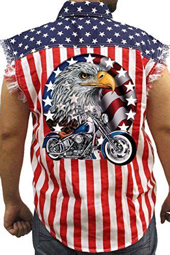 Men S USA Flag Sleeveless Denim Shirt Red White Bold Eagle Biker