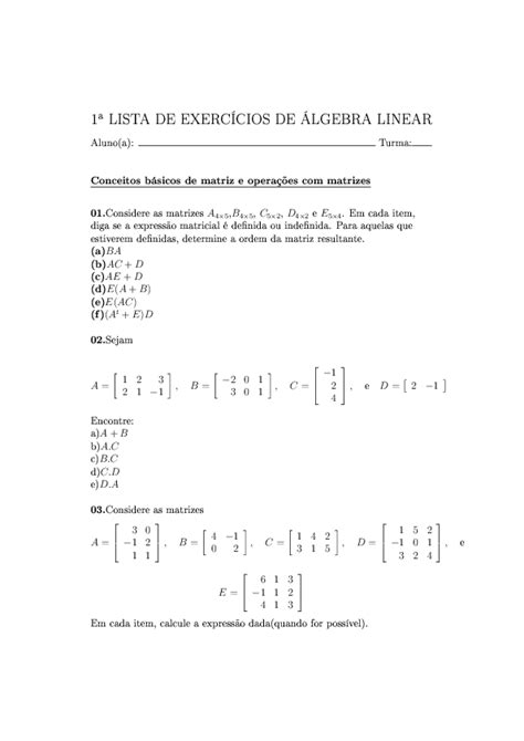 Pdf A Lista De ExercÍcios De Álgebra Linear Luana De Mambro