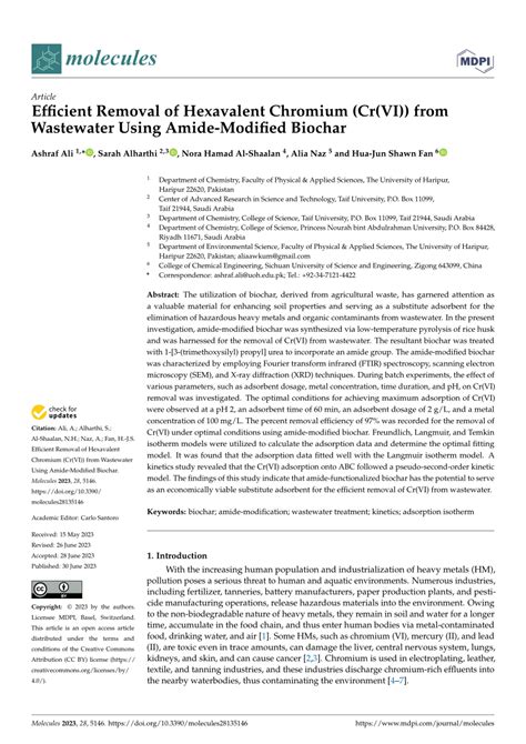 Pdf Efficient Removal Of Hexavalent Chromium Cr Vi From Wastewater