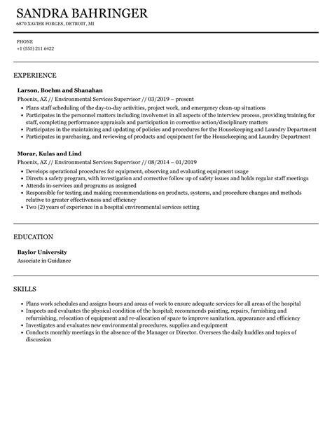 Environmental Services Supervisor Resume Samples Velvet Jobs