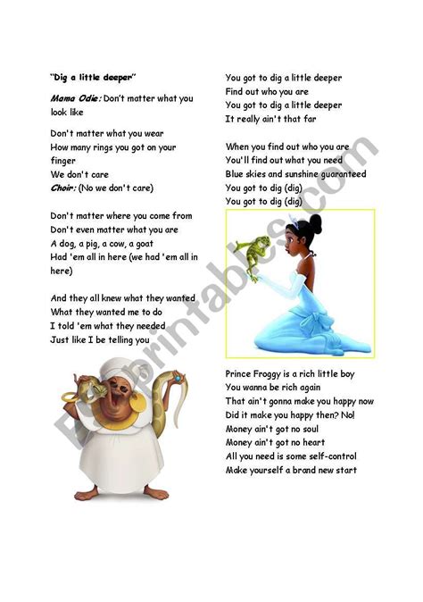 "Dig a little deeper" - "The Princess and the Frog" - ESL worksheet by stewie11