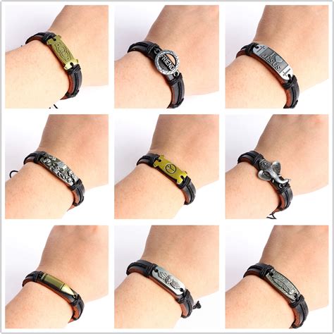 12 pçs lote moda vintage charme metal pulseiras de couro manguito preto