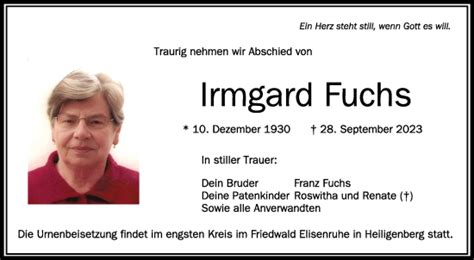 Traueranzeigen Von Irmgard Fuchs Schwaebische De Trauerportal