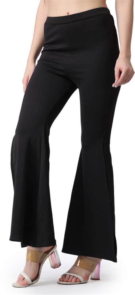 Popwings Casual Solid Black Side Slit Highrise Flare Women Trouser