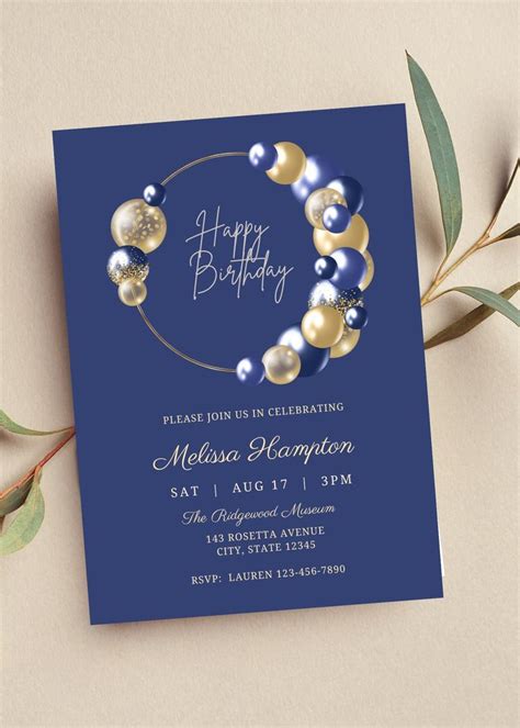 Editable Navy Blue And Gold Birthday Invitation Happy Etsy Gold