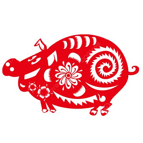 New Year Element Vector Png Images Red Paper Cut New Year Pig