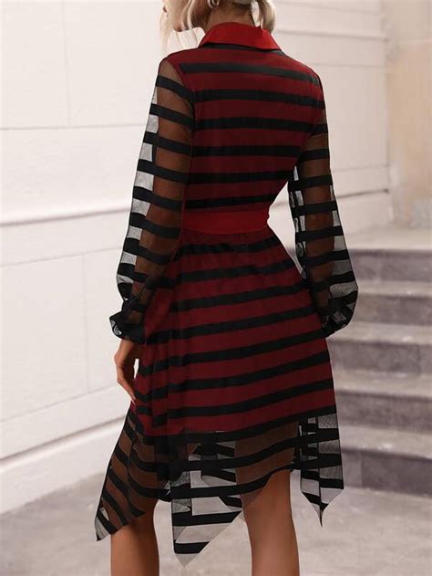 Shein Clasi Striped Print Belted Mesh Overlay Belted Dress Shein Usa