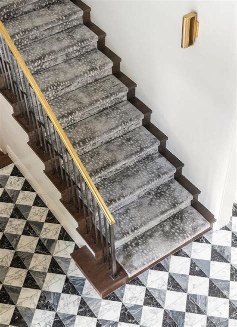 Iron And Brass Staircase With Antelope Print Runner Contemporary