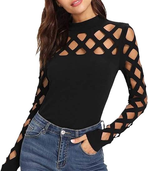 Longra Damen Langarmshirt Sexy Cut Out Hole Loch Schulterfrei Oberteile