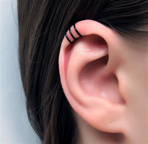 No Piercing Black Three Rings Helix Ear Cuff Triple Rings Etsy Ear