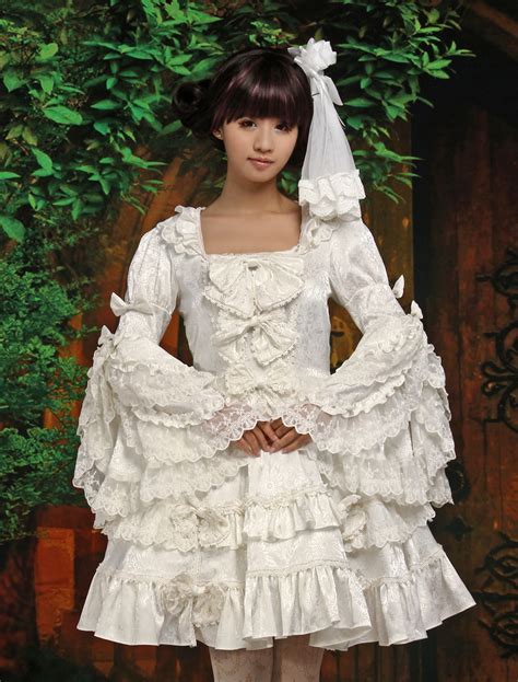 Pure White Lolita One Piece Dress Long Hime Sleeves Lace Trim Bows