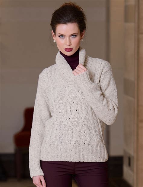 Wool Cashmere Aran Shawl Neck Sweater Cable Knit Shawl Collar Aran Sweater Market