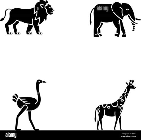 Afrikanische Wildtiere schwarze Glyphen Symbole auf weißem Raum gesetzt