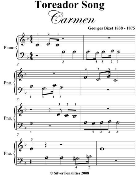 Toreador Song Beginner Piano Sheet Music By Georges Bizet Easy Piano