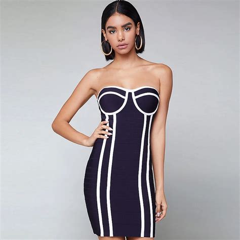 Aesthetic Strapless Stripe Colorblock Cold Shoulder Sleeveless Mini Bodycon Bandage Club Dress