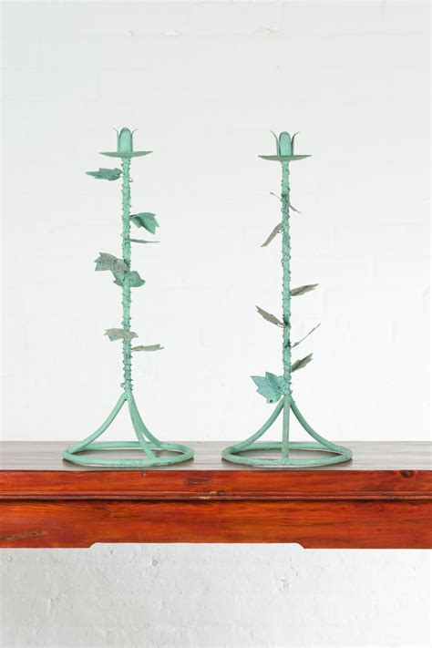 Pair Of Indian Vintage Brass Candlesticks With Ivy Motifs And Verde Patina For Sale At 1stdibs