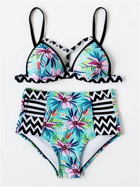 Flower And Zigzag Print High Waist Bikini Set Shein Sheinside