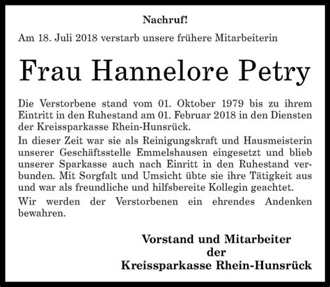 Traueranzeigen Von Hannelore Petry Rz Trauer De