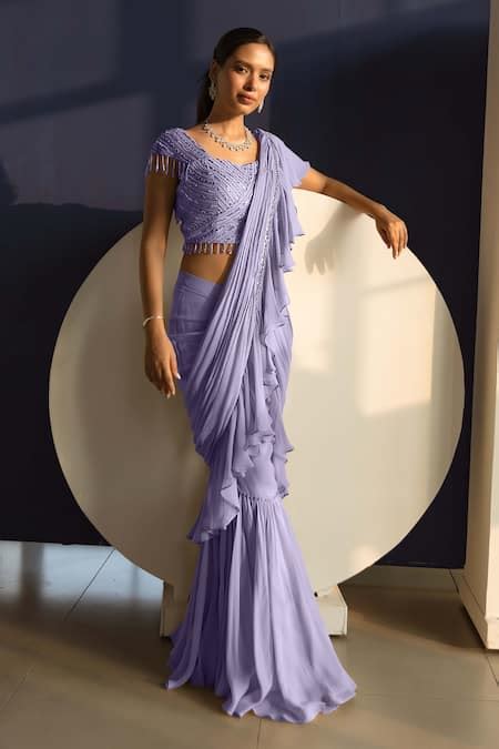 Buy Purple Georgette Embroidery Linear Pre Draped Gharara Saree With