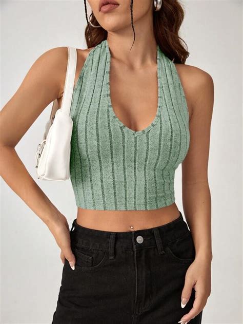 Shein Ezwear Solid Backless Crop Halter Top Shein Usa