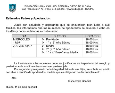 Reuniones de Apoderados Mes de Julio 2024 Colegio San Diego de Alcalá