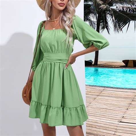 Pstuiky Summer Dresses For Women 2024 Womens Summer 34sleeve Dress Square Neck Casual Loose