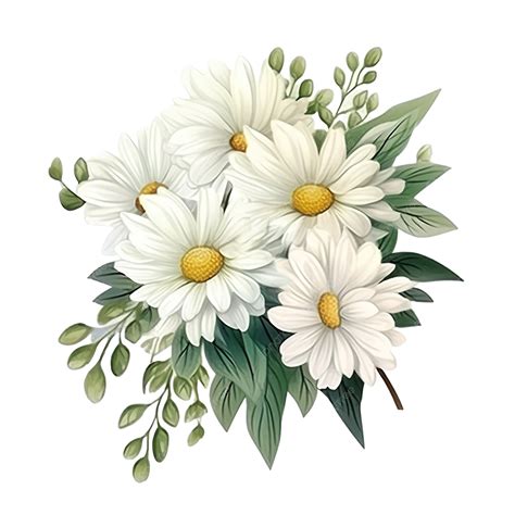 Bouquet De Marguerites Blanches Avec Feuilles Et Bourgeons Verts Belles