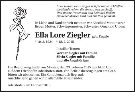 Traueranzeigen Von Ella Lore Ziegler Trauerundgedenken De