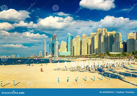 Beach And Skyscrapers At Jumeirah Beach In Dubai Marina Stock Photo