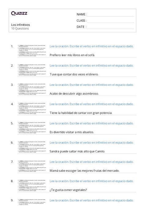 Infinitivos Hojas De Trabajo Para Grado En Quizizz Gratis E