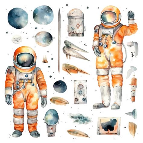 Free Vector Astronaut And Space Watercolor Clipart Set White Background