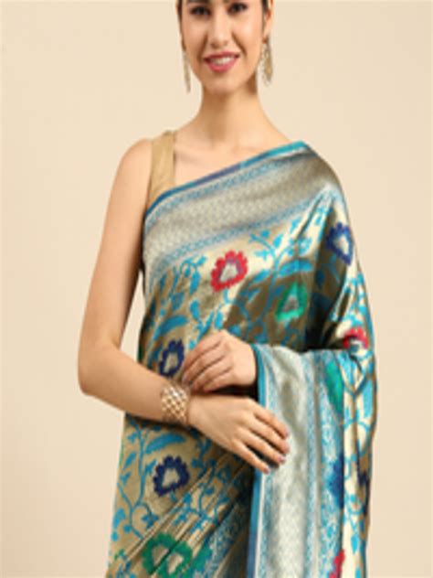 Buy Anouk Blue And Gold Toned Ethnic Motifs Zari Silk Blend Banarasi